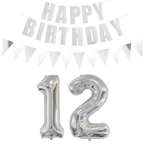 Luftballons Zahl 12 + Happy Birthday Girlande + banner Folienballon 12.Geburtstags deko Mädchen jungen Silber ballons 12 Jahre Geburtstag deko Zahlenballon 12 Geburtstag dekoration Mädchen junge(12) von Ohaoduo
