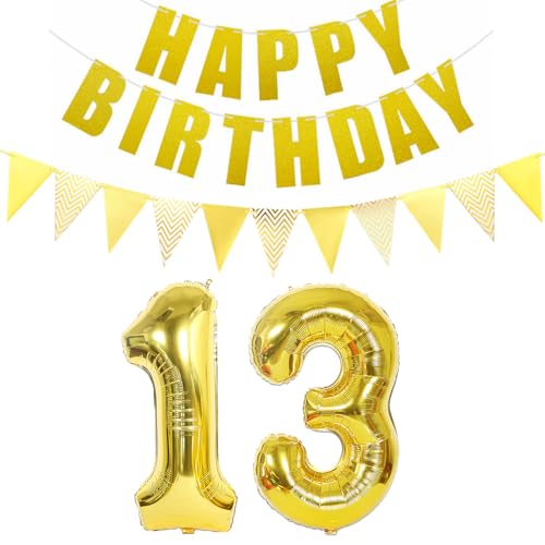 Luftballons Zahl 13 + Happy Birthday Girlande + banner Folienballon 13.Geburtstags deko Mädchen jungen gold ballons 13 Jahre Geburtstag deko Zahlenballon 13 Geburtstag dekoration Mädchen junge(13) von Ohaoduo