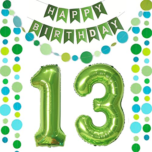Luftballons Zahl 13 Grün + Happy Birthday Girlande + banner Folienballon 13.Geburtstags deko Mädchen jungen ballons 13 Jahre Geburtstag deko Zahlenballon 13 Geburtstag dekoration Mädchen junge(13) von Ohaoduo