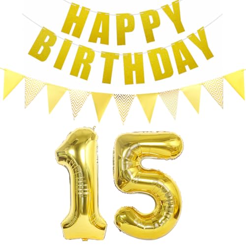 Luftballons Zahl 15 + Happy Birthday Girlande + banner Folienballon 15.Geburtstags deko Mädchen jungen gold ballons 15 Jahre Geburtstag deko Zahlenballon 15 Geburtstag dekoration Mädchen junge(15) von Ohaoduo