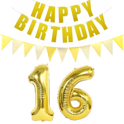 Luftballons Zahl 16 + Happy Birthday Girlande + banner Folienballon 16.Geburtstags deko Mädchen jungen gold ballons 16 Jahre Geburtstag deko Zahlenballon 16 Geburtstag dekoration Mädchen junge(16) von Ohaoduo