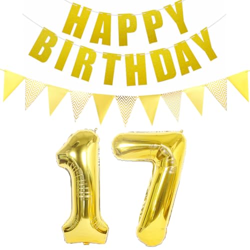 Luftballons Zahl 17 + Happy Birthday Girlande + banner Folienballon 17.Geburtstags deko Mädchen jungen gold ballons 17 Jahre Geburtstag deko Zahlenballon 17 Geburtstag dekoration Mädchen junge(17) von Ohaoduo