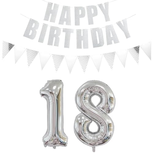 Luftballons Zahl 18 + Happy Birthday Girlande + banner Folienballon 18.Geburtstags deko Mädchen jungen Silber ballons 18 Jahre Geburtstag deko Zahlenballon 18 Geburtstag dekoration Mädchen junge(18) von Ohaoduo