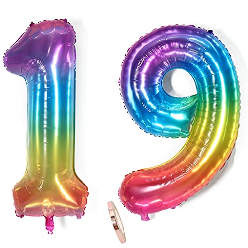 Luftballons Zahl 19. Geburtstag deko Mädchen Regenbogen/silber,ZahlenBallon 19, 40 Zoll Heliumballon 19 jahre Geburtstagsdeko Mädchen Luftballons 19 Riesen Aufblasbar Helium Folienballon 19(19) von Ohaoduo