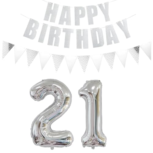 Luftballons Zahl 21 Silber + Happy Birthday Girlande + banner Folienballon 21.Geburtstags deko frau mann ballons 21 Jahre Geburtstag deko frauen Zahlenballon 21 Geburtstag dekoration Männer frau(21) von Ohaoduo