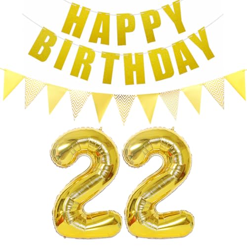 Luftballons Zahl 22 gold + Happy Birthday Girlande + banner Folienballon 22.Geburtstags deko frau mann ballons 22 Jahre Geburtstag deko frauen Zahlenballon 22 Geburtstag dekoration Männer frau(22) von Ohaoduo