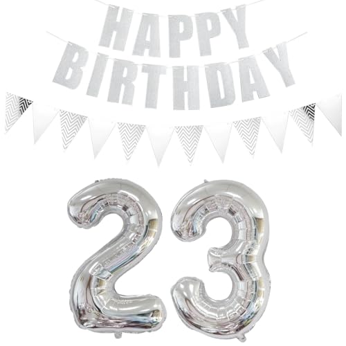 Luftballons Zahl 23 Silber + Happy Birthday Girlande + banner Folienballon 23.Geburtstags deko frau mann ballons 23 Jahre Geburtstag deko frauen Zahlenballon 23 Geburtstag dekoration Männer frau(23) von Ohaoduo