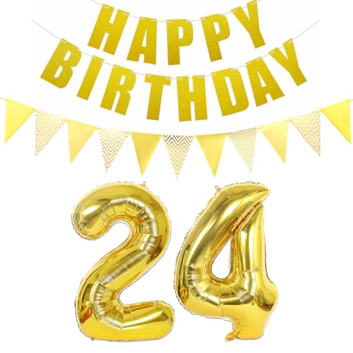 Luftballons Zahl 24 gold + Happy Birthday Girlande + banner Folienballon 24.Geburtstags deko frau mann ballons 24 Jahre Geburtstag deko frauen Zahlenballon 24 Geburtstag dekoration Männer frau(24) von Ohaoduo