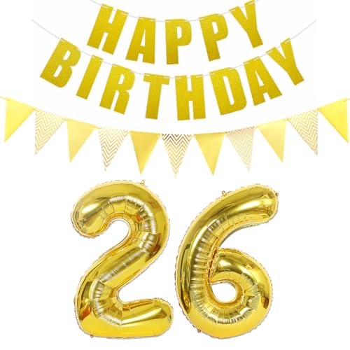 Luftballons Zahl 26 gold + Happy Birthday Girlande + banner Folienballon 26.Geburtstags deko frau mann ballons 26 Jahre Geburtstag deko frauen Zahlenballon 26 Geburtstag dekoration Männer frau(26) von Ohaoduo