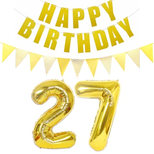 Luftballons Zahl 27 gold + Happy Birthday Girlande + banner Folienballon 27.Geburtstags deko frau mann ballons 27 Jahre Geburtstag deko frauen Zahlenballon 27 Geburtstag dekoration Männer frau(27) von Ohaoduo