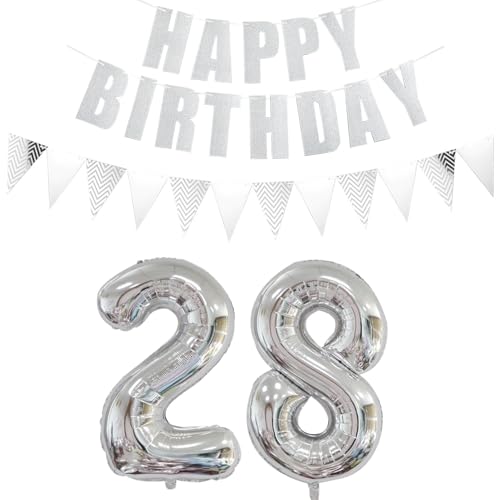 Luftballons Zahl 28 Silber + Happy Birthday Girlande + banner Folienballon 28.Geburtstags deko frau mann ballons 28 Jahre Geburtstag deko frauen Zahlenballon 28 Geburtstag dekoration Männer frau(28) von Ohaoduo