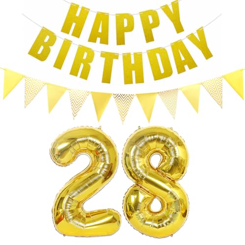 Luftballons Zahl 28 gold + Happy Birthday Girlande + banner Folienballon 28.Geburtstags deko frau mann ballons 28 Jahre Geburtstag deko frauen Zahlenballon 28 Geburtstag dekoration Männer frau(28) von Ohaoduo