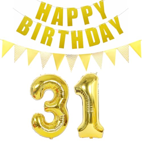 Luftballons Zahl 31 gold + Happy Birthday Girlande + banner Folienballon 31.Geburtstags deko frau mann ballons 31 Jahre Geburtstag deko frauen Zahlenballon 31 Geburtstag dekoration Männer frau(31) von Ohaoduo