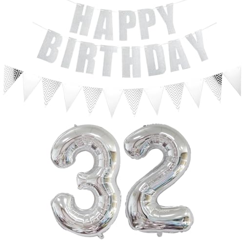 Luftballons Zahl 32 Silber + Happy Birthday Girlande + banner Folienballon 32.Geburtstags deko frau mann ballons 32 Jahre Geburtstag deko frauen Zahlenballon 32 Geburtstag dekoration Männer frau(32) von Ohaoduo