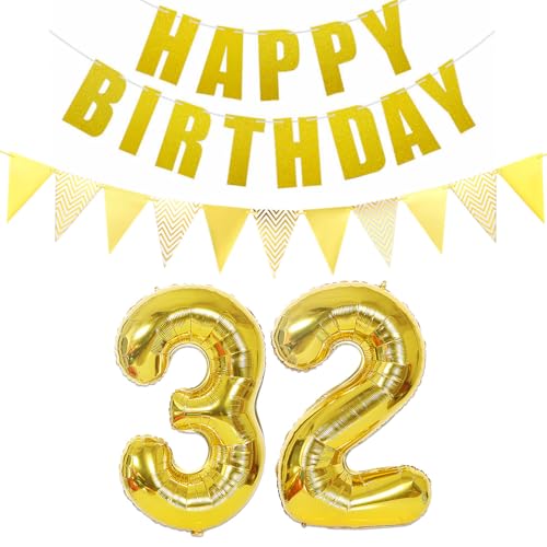 Luftballons Zahl 32 gold + Happy Birthday Girlande + banner Folienballon 32.Geburtstags deko frau mann ballons 32 Jahre Geburtstag deko frauen Zahlenballon 32 Geburtstag dekoration Männer frau(32) von Ohaoduo
