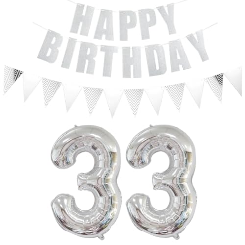 Luftballons Zahl 33 Silber + Happy Birthday Girlande + banner Folienballon 33.Geburtstags deko frau mann ballons 33 Jahre Geburtstag deko frauen Zahlenballon 33 Geburtstag dekoration Männer frau(33) von Ohaoduo