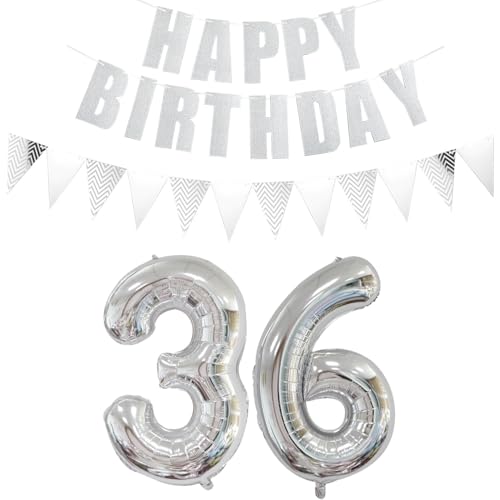 Luftballons Zahl 36 Silber + Happy Birthday Girlande + banner Folienballon 36.Geburtstags deko frau mann ballons 36 Jahre Geburtstag deko frauen Zahlenballon 36 Geburtstag dekoration Männer frau(36) von Ohaoduo