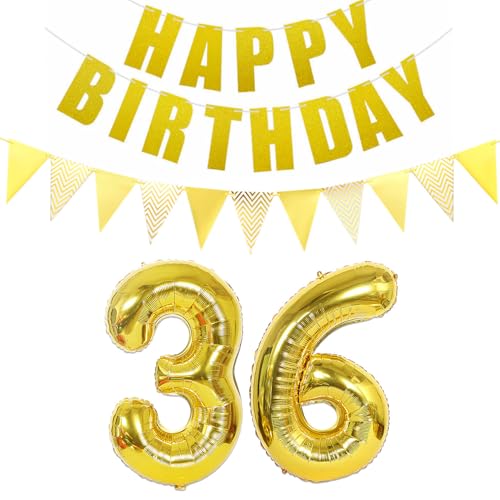 Luftballons Zahl 36 gold + Happy Birthday Girlande + banner Folienballon 36.Geburtstags deko frau mann ballons 36 Jahre Geburtstag deko frauen Zahlenballon 36 Geburtstag dekoration Männer frau(36) von Ohaoduo
