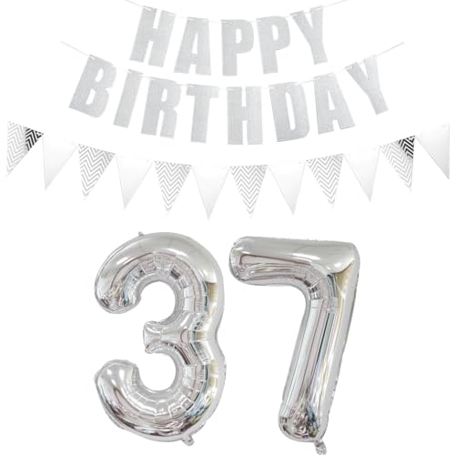 Luftballons Zahl 37 Silber + Happy Birthday Girlande + banner Folienballon 37.Geburtstags deko frau mann ballons 37 Jahre Geburtstag deko frauen Zahlenballon 37 Geburtstag dekoration Männer frau(37) von Ohaoduo