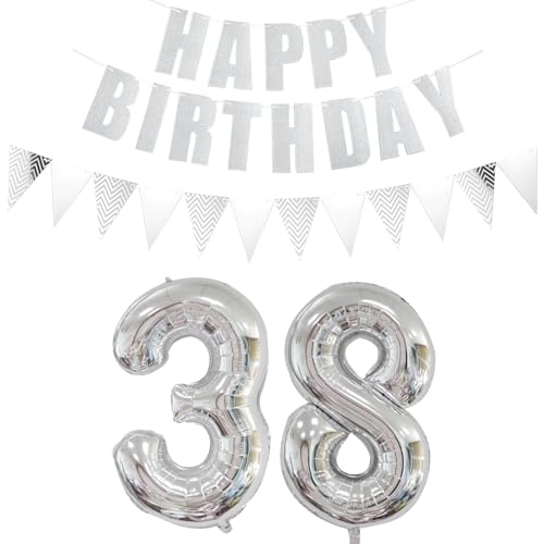 Luftballons Zahl 38 Silber + Happy Birthday Girlande + banner Folienballon 38.Geburtstags deko frau mann ballons 38 Jahre Geburtstag deko frauen Zahlenballon 38 Geburtstag dekoration Männer frau(38) von Ohaoduo