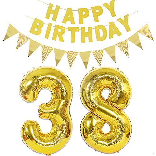 Luftballons Zahl 38 gold + Happy Birthday Girlande + banner Folienballon 38.Geburtstags deko frau mann ballons 38 Jahre Geburtstag deko frauen Zahlenballon 38 Geburtstag dekoration Männer frau(38) von Ohaoduo