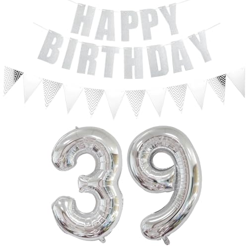 Ohaoduo Silber Zahlballon 39 Stück - Happy Birthday Girlande + Banner - Aluminiumfolie - Geburtstag Dekoration für Erwachsene, Herren (39. Geburtstag) von Ohaoduo
