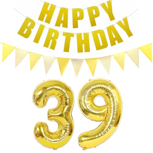 Luftballons Zahl 39 gold + Happy Birthday Girlande + banner Folienballon 39.Geburtstags deko frau mann ballons 39 Jahre Geburtstag deko frauen Zahlenballon 39 Geburtstag dekoration Männer frau(39) von Ohaoduo