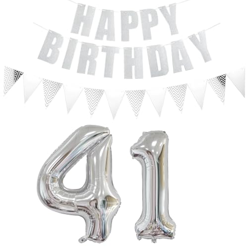Luftballons Zahl 41 Silber + Happy Birthday Girlande + banner Folienballon 41.Geburtstags deko frau mann ballons 41 Jahre Geburtstag deko frauen Zahlenballon 41 Geburtstag dekoration Männer frau(41) von Ohaoduo