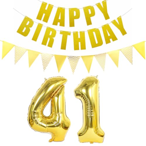 Luftballons Zahl 41 gold + Happy Birthday Girlande + banner Folienballon 41.Geburtstags deko frau mann ballons 41 Jahre Geburtstag deko frauen Zahlenballon 41 Geburtstag dekoration Männer frau(41) von Ohaoduo