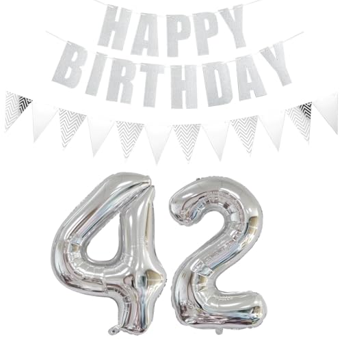 Luftballons Zahl 42 Silber + Happy Birthday Girlande + banner Folienballon 42.Geburtstags deko frau mann ballons 42 Jahre Geburtstag deko frauen Zahlenballon 42 Geburtstag dekoration Männer frau(42) von Ohaoduo