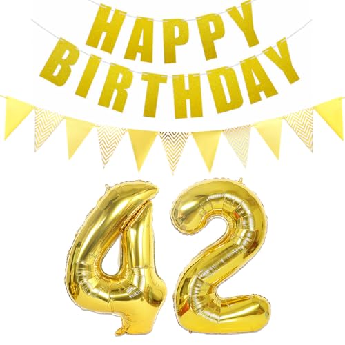 Luftballons Zahl 42 gold + Happy Birthday Girlande + banner Folienballon 42.Geburtstags deko frau mann ballons 42 Jahre Geburtstag deko frauen Zahlenballon 42 Geburtstag dekoration Männer frau(42) von Ohaoduo
