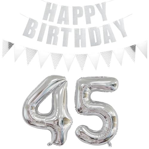 Luftballons Zahl 45 Silber + Happy Birthday Girlande + banner Folienballon 45.Geburtstags deko frau mann ballons 45 Jahre Geburtstag deko frauen Zahlenballon 45 Geburtstag dekoration Männer frau(45) von Ohaoduo