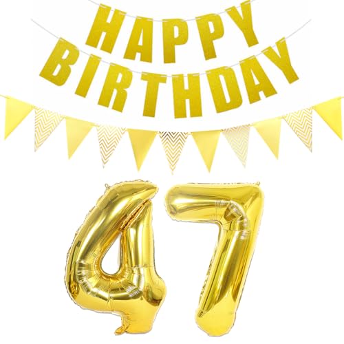 Luftballons Zahl 47 gold + Happy Birthday Girlande + banner Folienballon 47.Geburtstags deko frau mann ballons 47 Jahre Geburtstag deko frauen Zahlenballon 47 Geburtstag dekoration Männer frau(47) von Ohaoduo