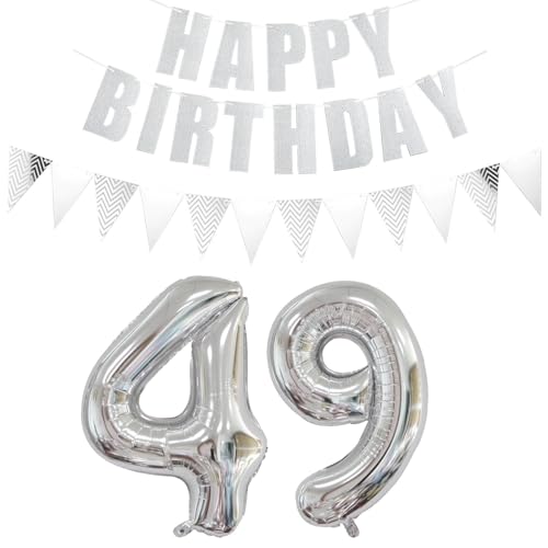 Ohaoduo Silber Luftballon 70 cm Zahl 49 + Happy Birthday Girlande + Banner Folienballon 49. Geburtstag Dekoration für Männer und Frauen, 1 Stück, Unisex, Erwachsene von Ohaoduo