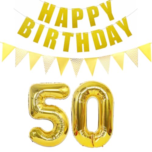 Luftballons Zahl 50 gold + Happy Birthday Girlande + banner Folienballon 50.Geburtstags deko frau mann ballons 50 Jahre Geburtstag deko frauen Zahlenballon 50 Geburtstag dekoration Männer frau(50) von Ohaoduo