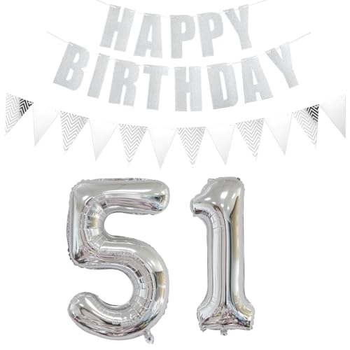 Luftballons Zahl 51 Silber + Happy Birthday Girlande + banner Folienballon 51.Geburtstags deko frau mann ballons 51 Jahre Geburtstag deko frauen Zahlenballon 51 Geburtstag dekoration Männer frau(51) von Ohaoduo