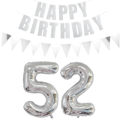 Luftballons Zahl 52 Silber + Happy Birthday Girlande + banner Folienballon 52.Geburtstags deko frau mann ballons 52 Jahre Geburtstag deko frauen Zahlenballon 52 Geburtstag dekoration Männer frau(52) von Ohaoduo