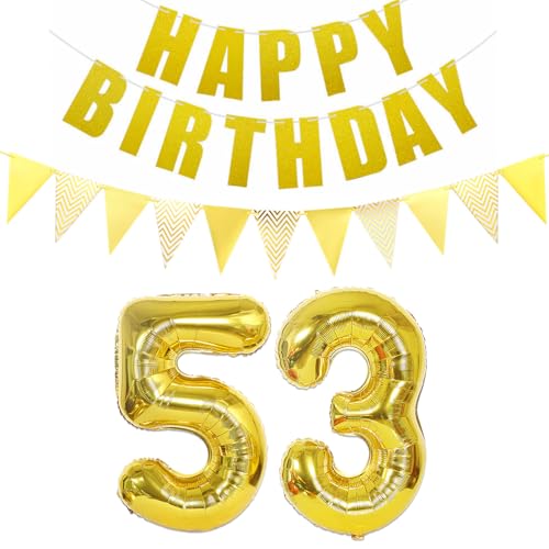 Luftballons Zahl 53 gold + Happy Birthday Girlande + banner Folienballon 53.Geburtstags deko frau mann ballons 53 Jahre Geburtstag deko frauen Zahlenballon 53 Geburtstag dekoration Männer frau(53) von Ohaoduo
