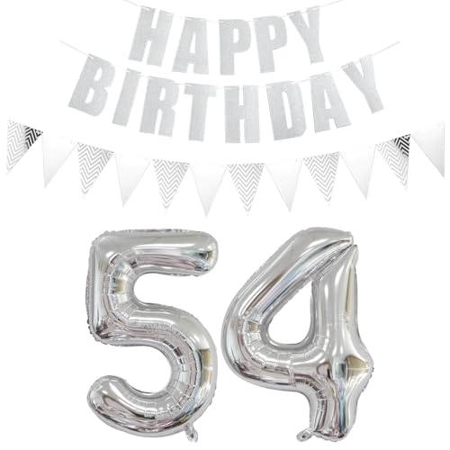 Luftballons Zahl 54 Silber + Happy Birthday Girlande + banner Folienballon 54.Geburtstags deko frau mann ballons 54 Jahre Geburtstag deko frauen Zahlenballon 54 Geburtstag dekoration Männer frau(54) von Ohaoduo