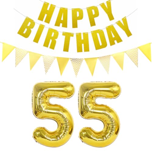 Luftballons Zahl 55 gold + Happy Birthday Girlande + banner Folienballon 55.Geburtstags deko frau mann ballons 55 Jahre Geburtstag deko frauen Zahlenballon 55 Geburtstag dekoration Männer frau(55) von Ohaoduo