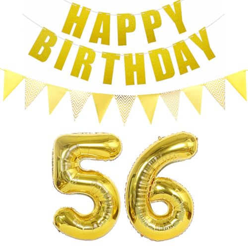 Luftballons Zahl 56 gold + Happy Birthday Girlande + banner Folienballon 56.Geburtstags deko frau mann ballons 56 Jahre Geburtstag deko frauen Zahlenballon 56 Geburtstag dekoration Männer frau(56) von Ohaoduo