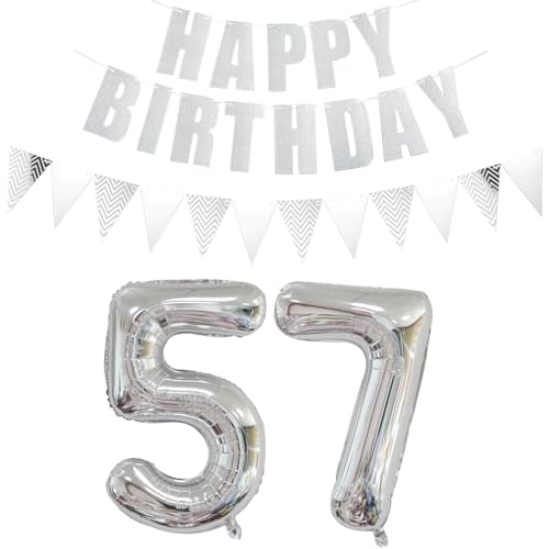 Ohaoduo Silber Zahlballon 57 + Happy Birthday Girlande + Banner Folienballon 57.Geburtstagsdeko für Männer und Frauen, 57 Jahre Geburtstag, 2 Stück, 70 cm, unisex, Erwachsene von Ohaoduo