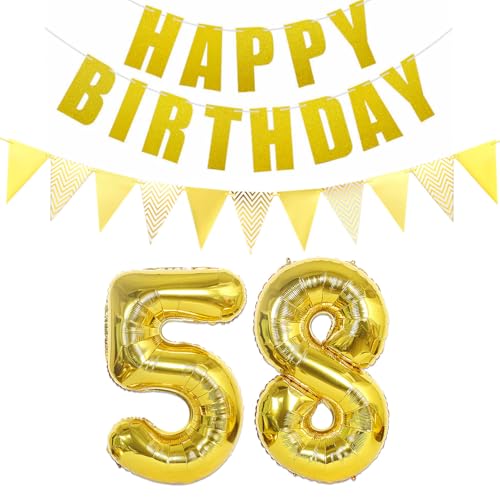 Luftballons Zahl 58 gold + Happy Birthday Girlande + banner Folienballon 58.Geburtstags deko frau mann ballons 58 Jahre Geburtstag deko frauen Zahlenballon 58 Geburtstag dekoration Männer frau(58) von Ohaoduo