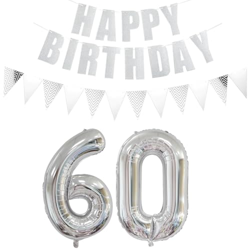 Luftballons Zahl 60 Silber + Happy Birthday Girlande + banner Folienballon 60.Geburtstags deko frau mann ballons 60 Jahre Geburtstag deko frauen Zahlenballon 60 Geburtstag dekoration Männer frau(60) von Ohaoduo