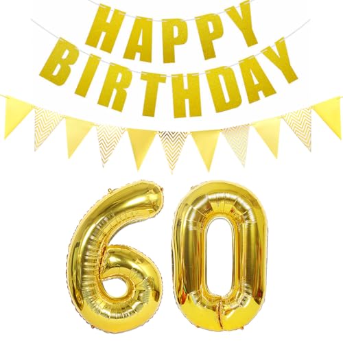 Luftballons Zahl 60 gold + Happy Birthday Girlande + banner Folienballon 60.Geburtstags deko frau mann ballons 60 Jahre Geburtstag deko frauen Zahlenballon 60 Geburtstag dekoration Männer frau(60) von Ohaoduo