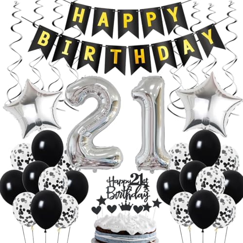 Ohaoduo 21. Geburtstag Dekoration, Geburtstagsdeko 21 Jahre Männer, 21. Geburtstag Mann Deko, 21 Ballon Schwarz und Silber Deko, Luftballon 21. Party , 21 Mann Frau von Ohaoduo