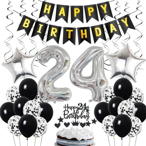 Ohaoduo 24. Geburtstag Dekoration, Geburtstagsdeko 24 Jahre Männer, 24. Geburtstag Mann Deko, 24 Ballon Schwarz und Silber Deko, Luftballon 24. Party , 24 Mann Frau von Ohaoduo