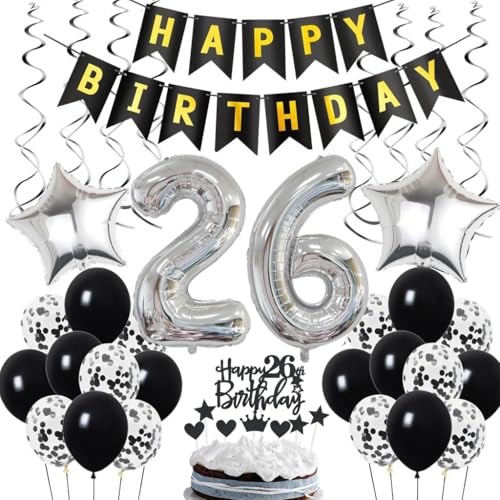 Ohaoduo 26. Geburtstag Dekoration, Geburtstagsdeko 26 Jahre Männer, 26. Geburtstag Mann Deko, 26 Ballon Schwarz und Silber Deko, Luftballon 26. Party , 26 Mann Frau von Ohaoduo