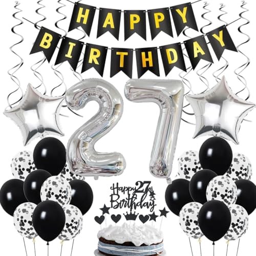 Ohaoduo 27. Geburtstag Dekoration, Geburtstagsdeko 27 Jahre Männer, 27. Geburtstag Mann Deko, 27 Ballon Schwarz und Silber Deko, Luftballon 27. Party , 27 Mann Frau von Ohaoduo