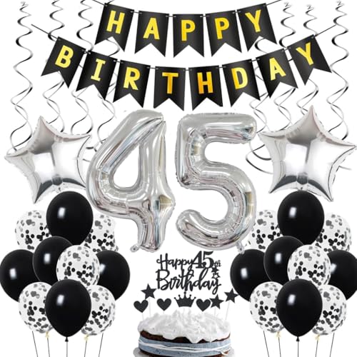 Ohaoduo 45. Geburtstag Dekoration, Geburtstagsdeko 45 Jahre Männer, 45. Geburtstag Mann Deko, 45 Ballon Schwarz und Silber Deko, Luftballon 45. Party , 45 Mann Frau von Ohaoduo